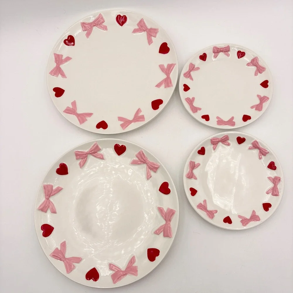 Set of 4 Ceramic Plates Dinner Dessert Salad Valentines Pink Bows and Red Hearts